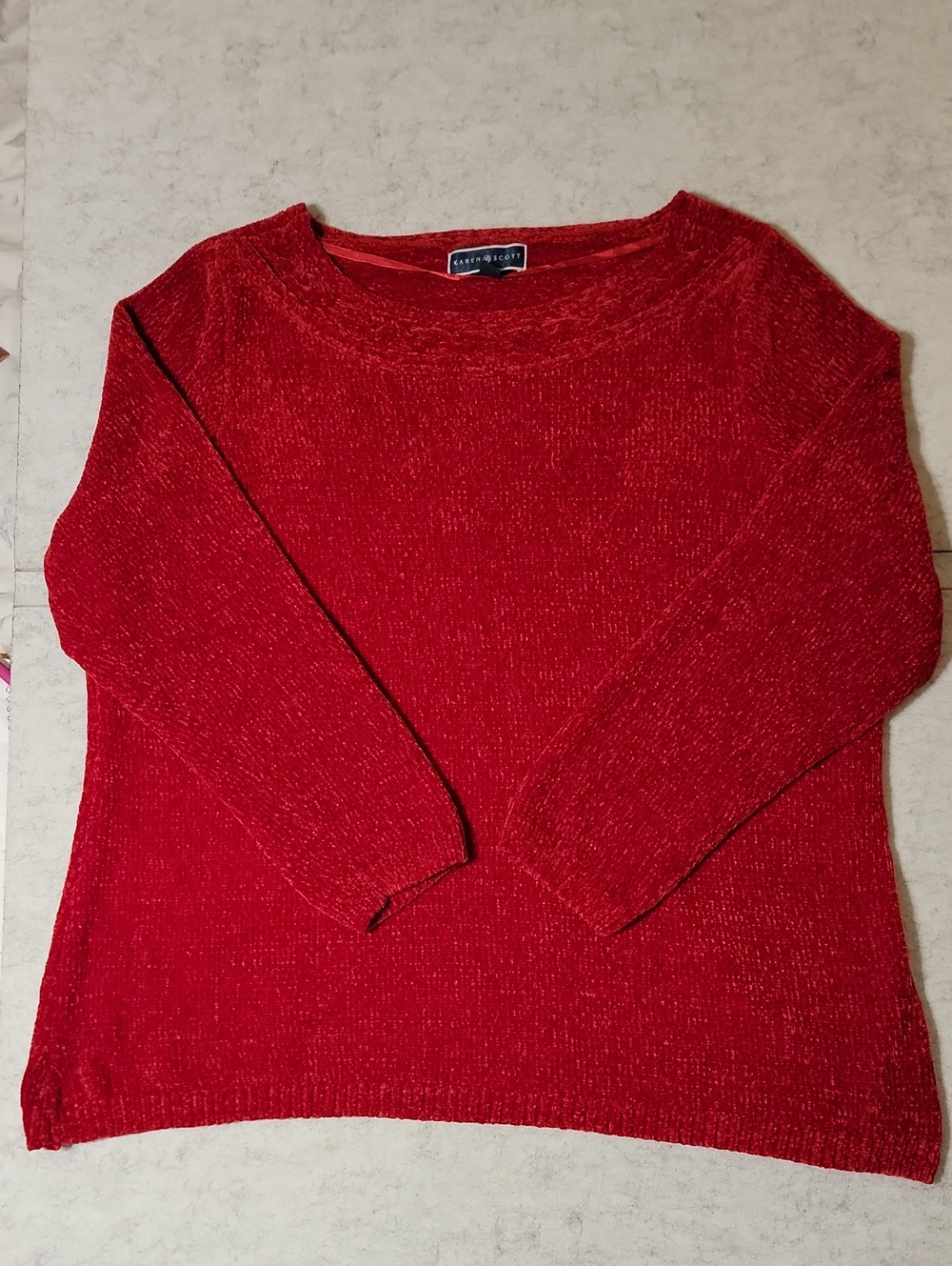 Karen Scott Plus Size 2X Red Chenille Boat Neck Long Sleeve Sweater